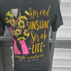 Simply Southern Charcoal Tee with Sunflower and Scrub Life Design Size Small